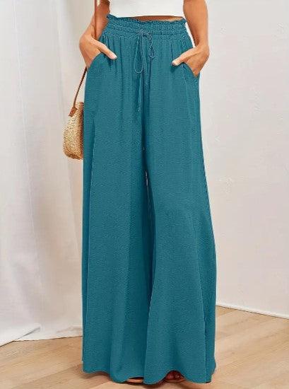 Women's Wide Leg Palazzo Trousers High Waist Elastic Drawstring Full Length