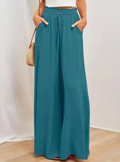 Women's High Waist Wide Leg Palazzo Trousers with Elastic Drawstring