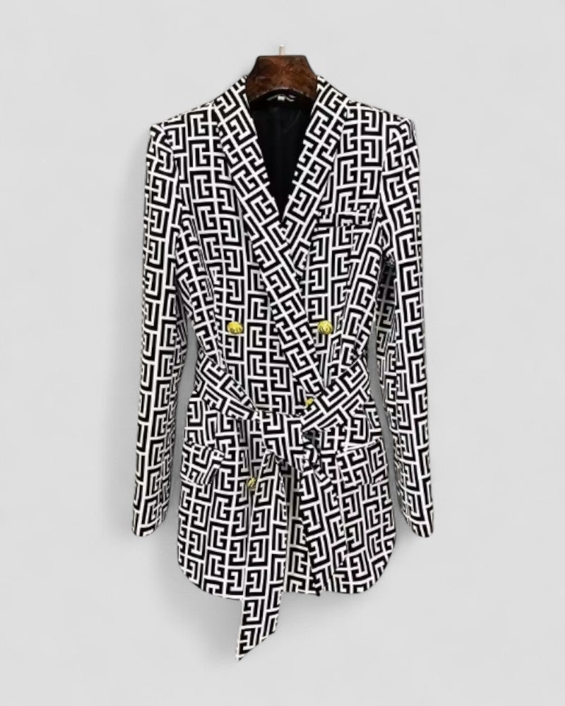 Women's Blazer Jacket Geometric Print Belted Elegant Fit