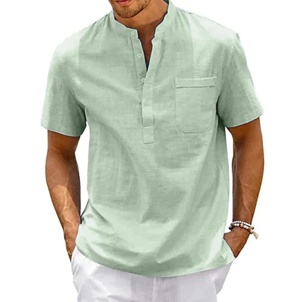 DuneCraft Henley | Men’s Cotton-Linen Pocket Tee for Summer Comfort - northernnomad