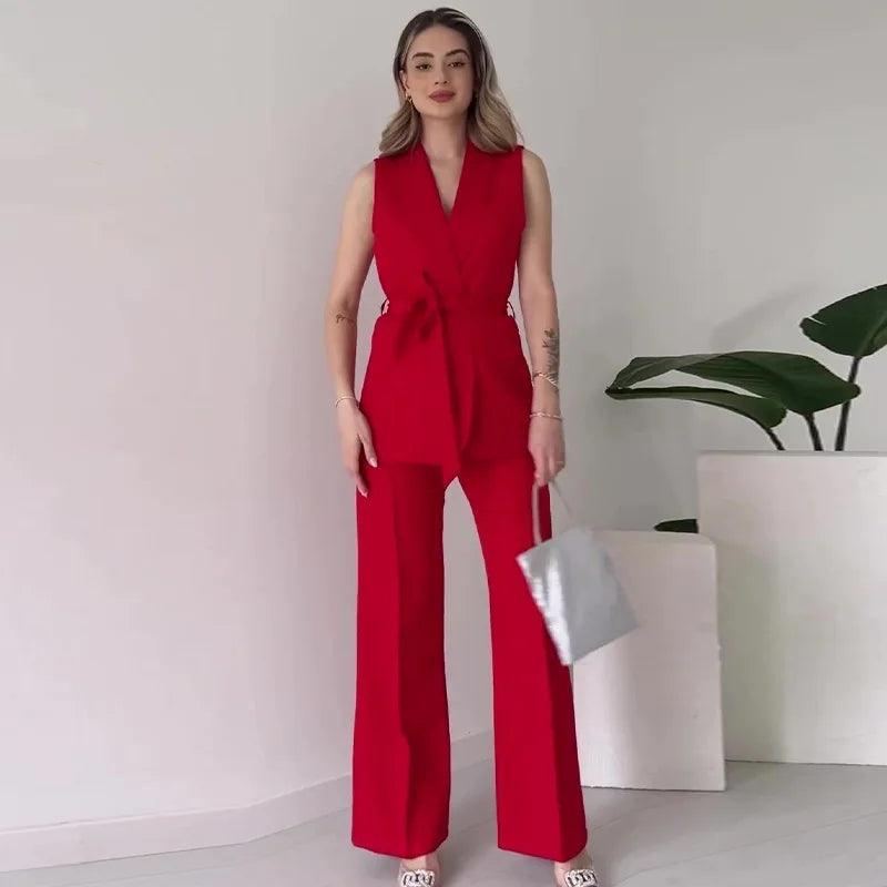 Women's Tailored Sleeveless Blazer Suit with V-Neck and High-Waisted Trousers