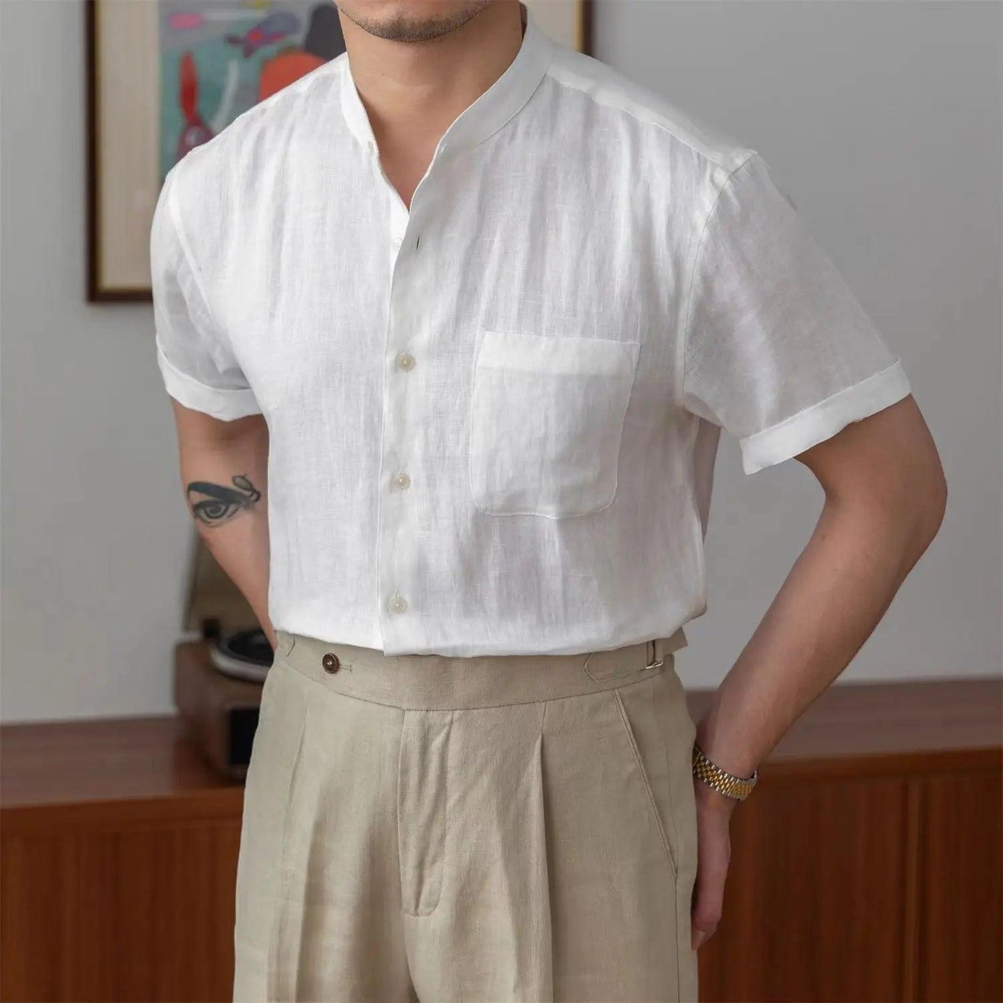 Men’s Linen Button-Up Shirt – Relaxed Fit Long Sleeve with Mandarin Collar