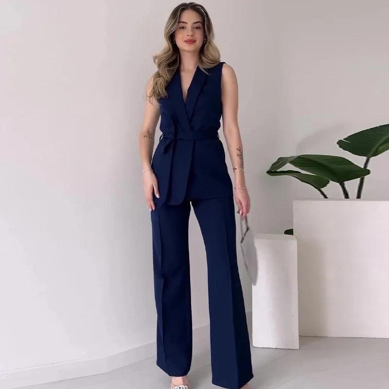 Women's Tailored Sleeveless Blazer Suit with V-Neck and High-Waisted Trousers