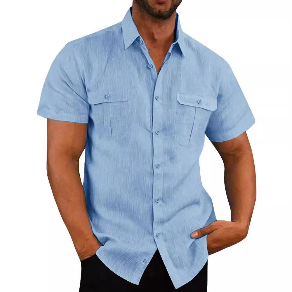 Coastal Stroll Double Pocket Shirt | Men's Cotton Linen Short Sleeve Casualwear - northernnomad