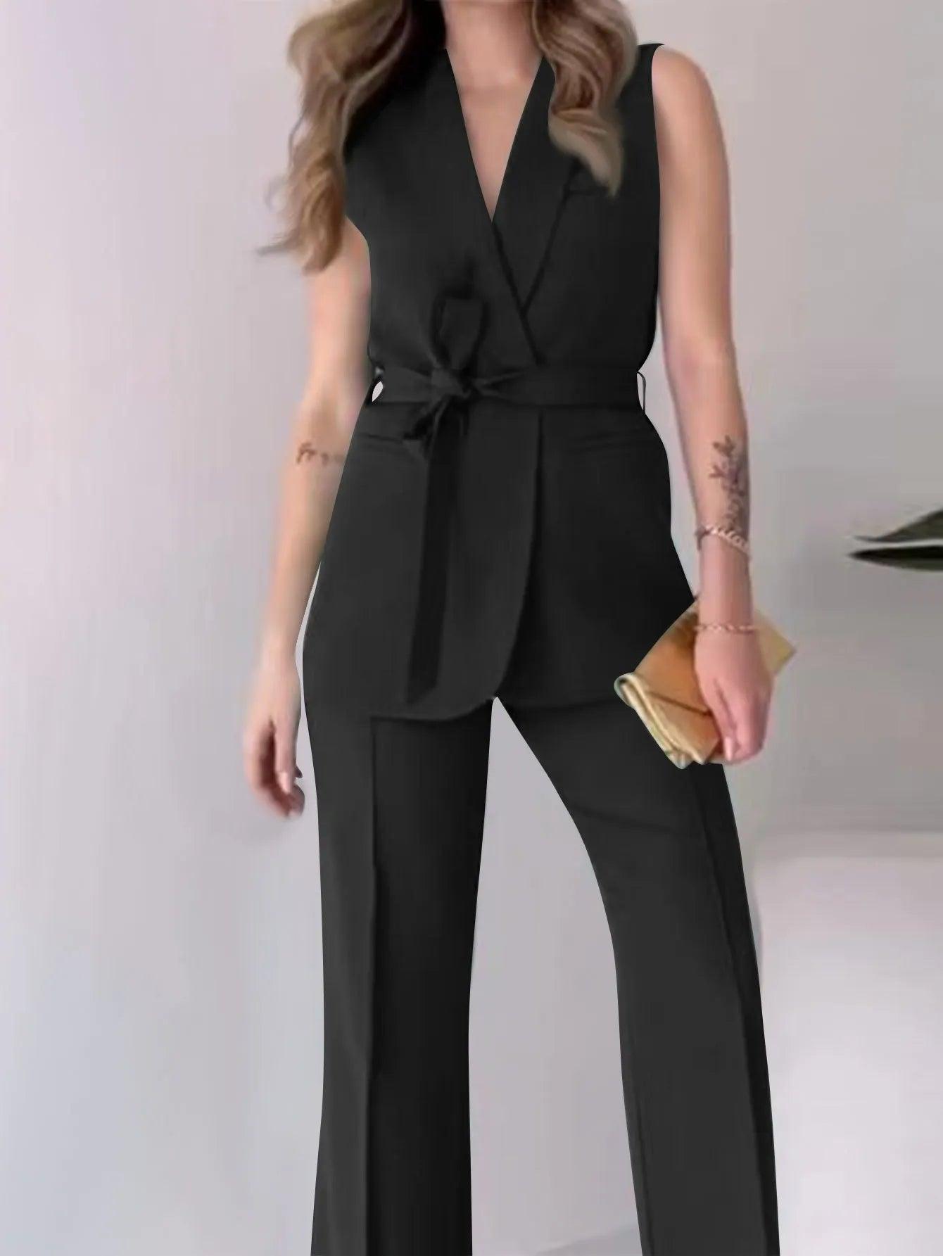 Women's Tailored Sleeveless Blazer Suit with V-Neck and High-Waisted Trousers