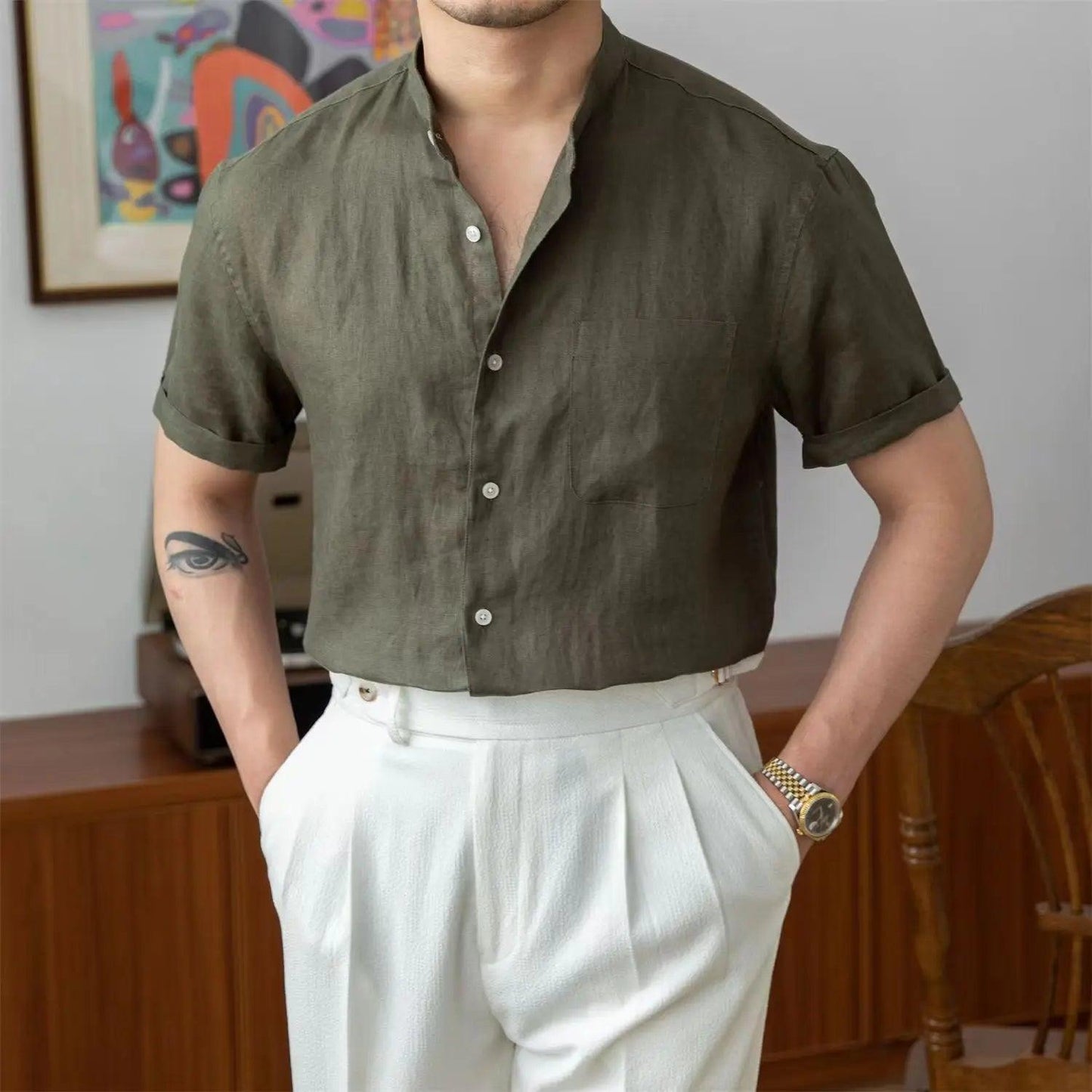 Men’s Linen Button-Up Shirt – Relaxed Fit Long Sleeve with Mandarin Collar