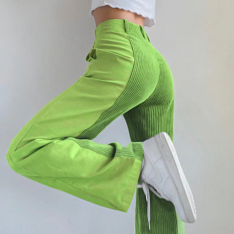 Women's Flared Wide Leg Trousers with Ribbed Side Detailing