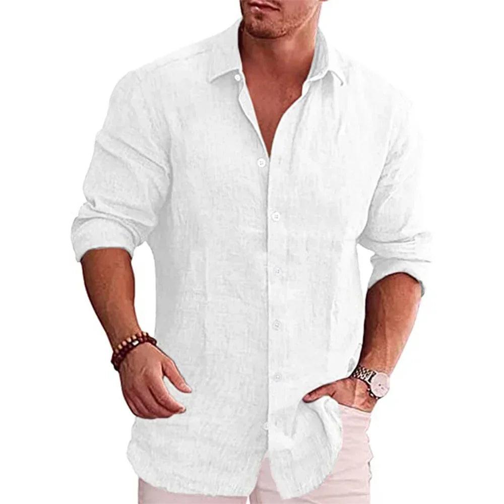 Cotton-Linen Autumn Shirt for Men | Solid Color Casual Style with Turn-Down Collar - northernnomad