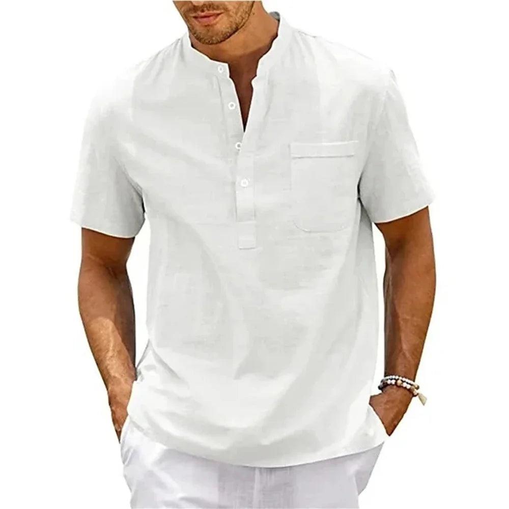 DuneCraft Henley | Men’s Cotton-Linen Pocket Tee for Summer Comfort - northernnomad
