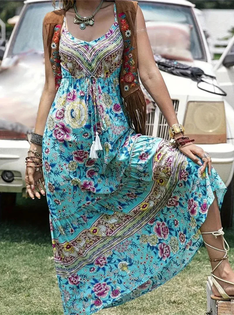 Women's Maxi Dress - Bohemian Style - Floral Print - V-Neck - Ruffled Hem - Tassel Detail