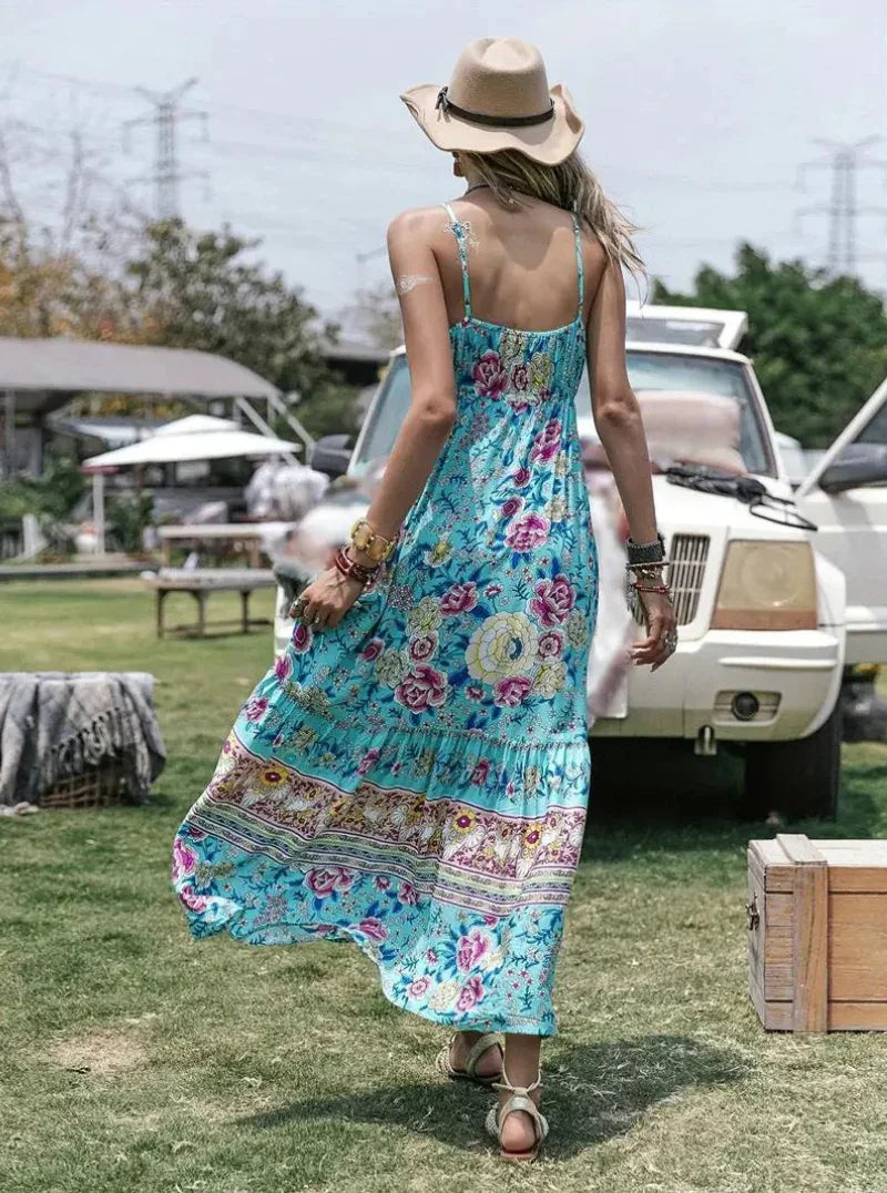 Women's Maxi Dress - Bohemian Style - Floral Print - V-Neck - Ruffled Hem - Tassel Detail