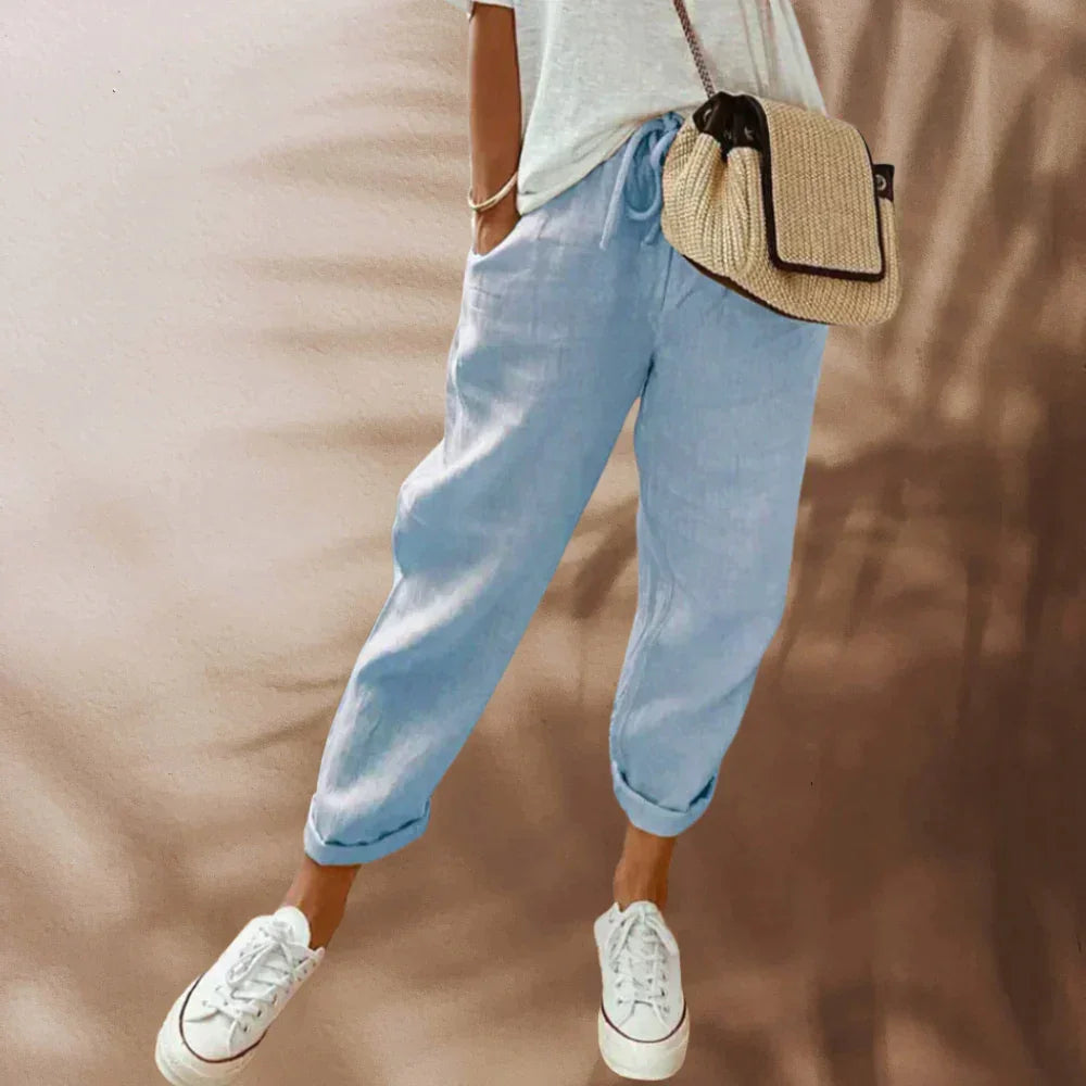 Women's Lightweight Casual Trousers - Relaxed Fit, Elastic Waist, Drawstring