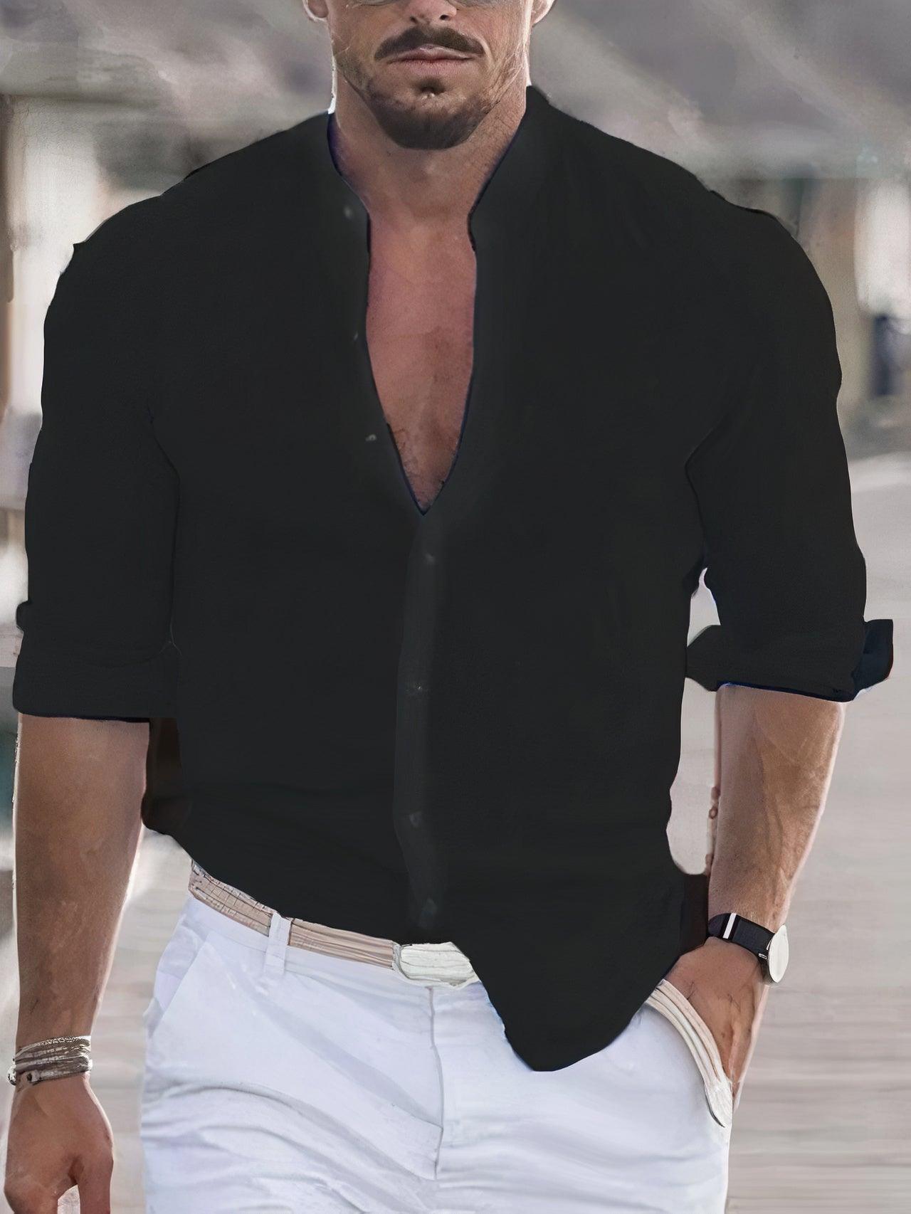 Men’s Long Sleeve Linen Blend Shirt - Slim Fit Band Collar