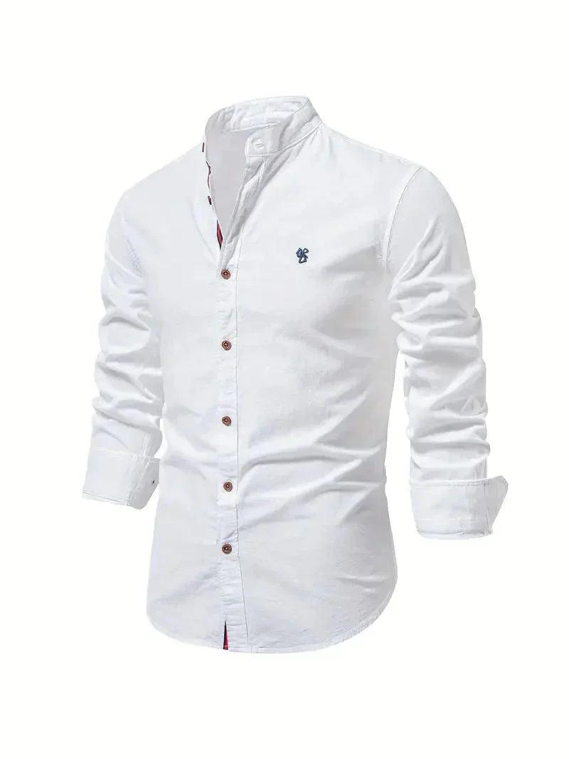 Men’s Slim Fit Cotton Blend Casual Shirt with Mandarin Collar and Long Sleeves