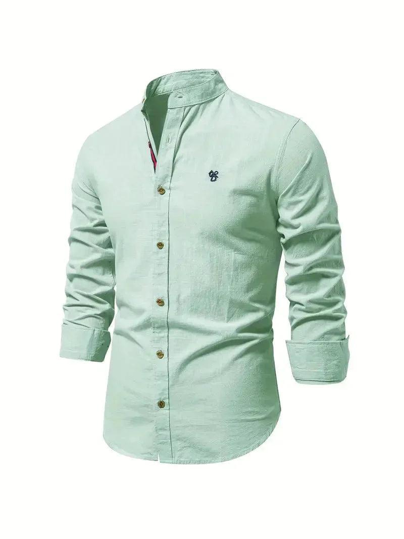 Men’s Slim Fit Cotton Blend Casual Shirt with Mandarin Collar and Long Sleeves