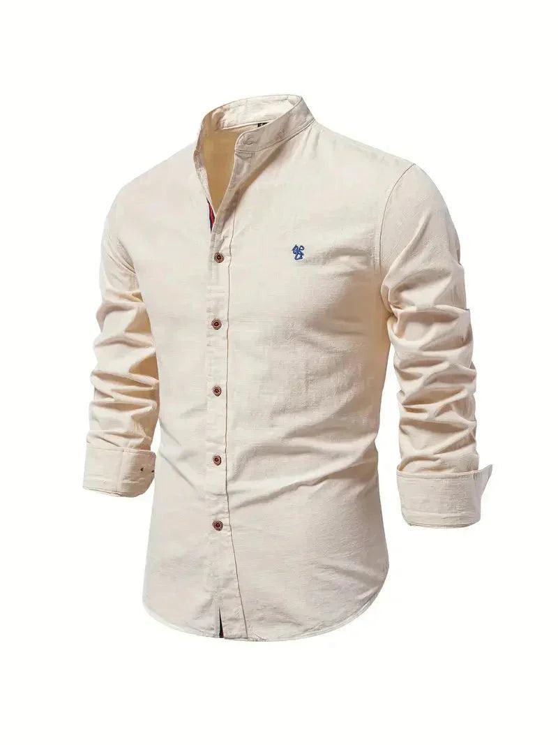 Men’s Slim Fit Cotton Blend Casual Shirt with Mandarin Collar and Long Sleeves