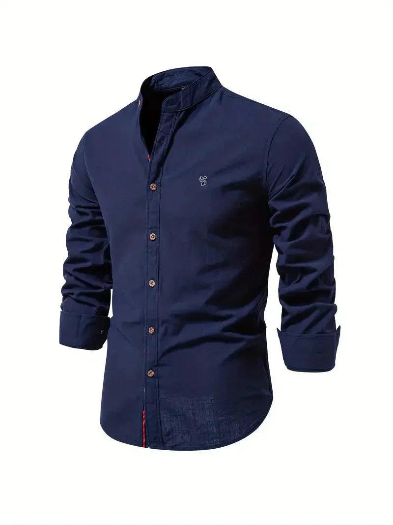 Men’s Slim Fit Cotton Blend Casual Shirt with Mandarin Collar and Long Sleeves