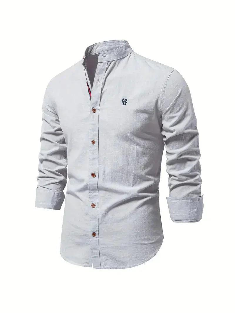 Men’s Slim Fit Cotton Blend Casual Shirt with Mandarin Collar and Long Sleeves