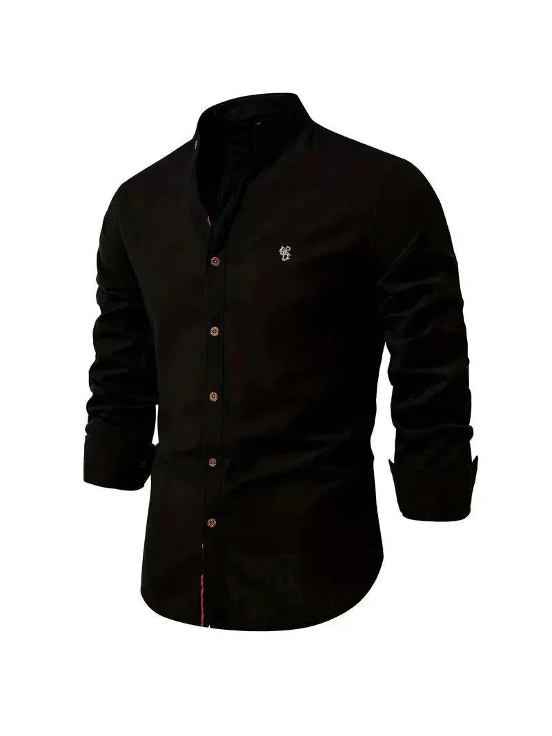 Men’s Slim Fit Cotton Blend Casual Shirt with Mandarin Collar and Long Sleeves
