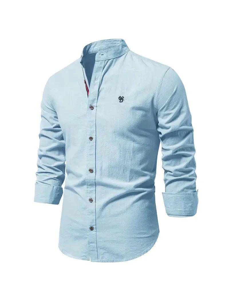Men’s Slim Fit Cotton Blend Casual Shirt with Mandarin Collar and Long Sleeves