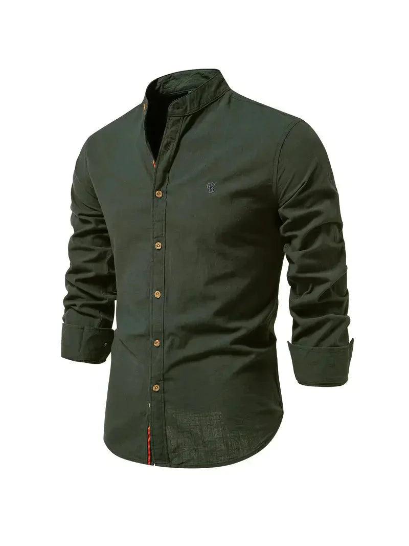 Men’s Slim Fit Cotton Blend Casual Shirt with Mandarin Collar and Long Sleeves