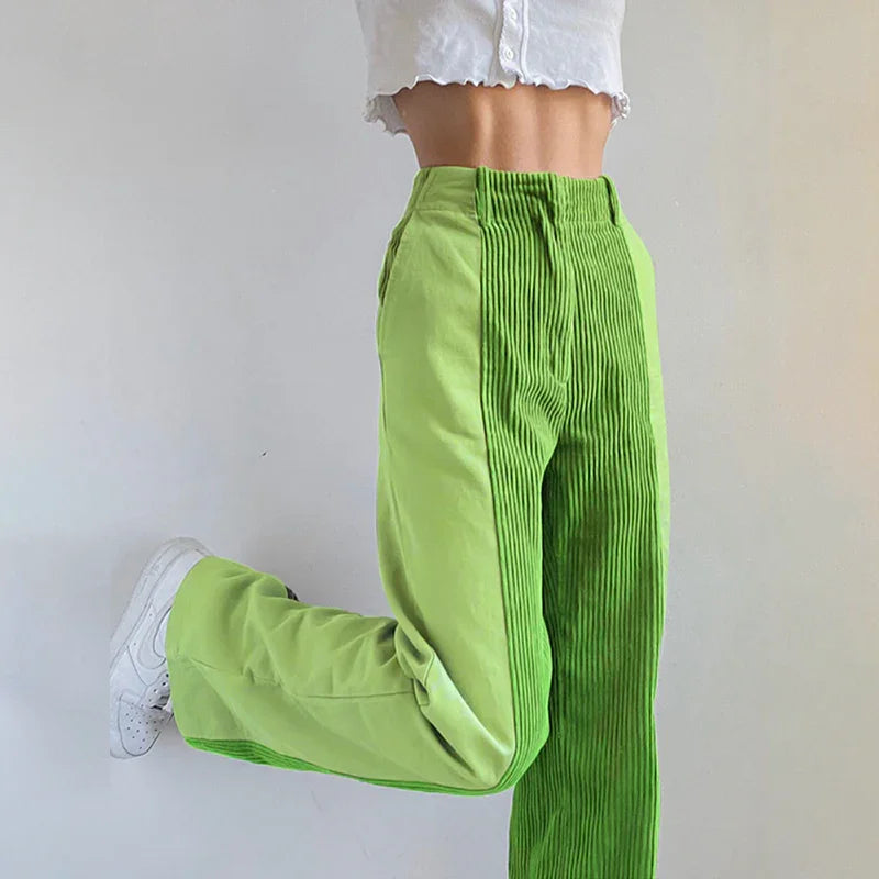 Women's Flared Wide Leg Trousers with Ribbed Side Detailing