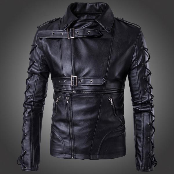 Men's Casual Motorcycle Jacket with Drawstring and Buckle