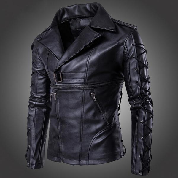 Men's Casual Motorcycle Jacket with Drawstring and Buckle