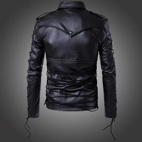 Men's Casual Motorcycle Jacket with Drawstring and Buckle