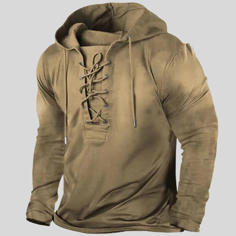 Men's Relaxed Fit Cotton Long-Sleeve Shirt with Lace-Up Neck and Button Pockets