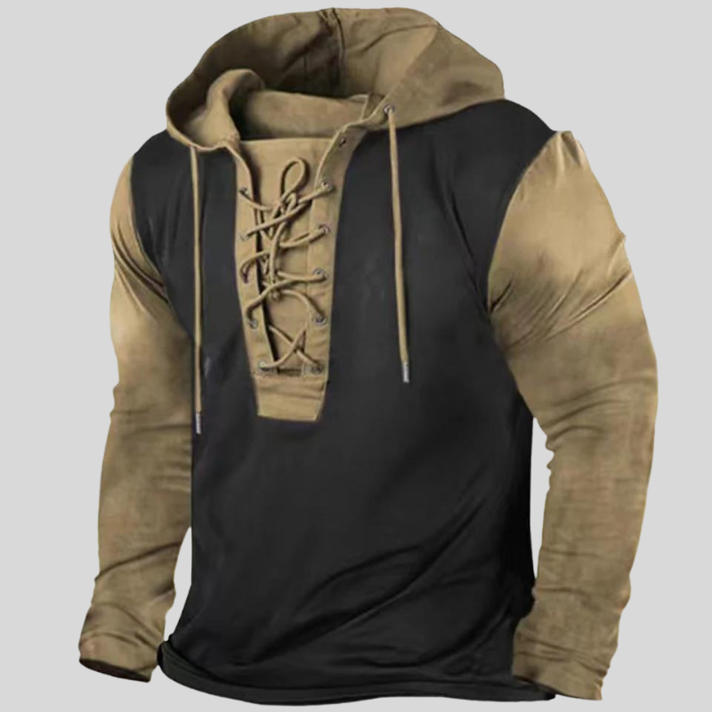 Men's Relaxed Fit Cotton Long-Sleeve Shirt with Lace-Up Neck and Button Pockets