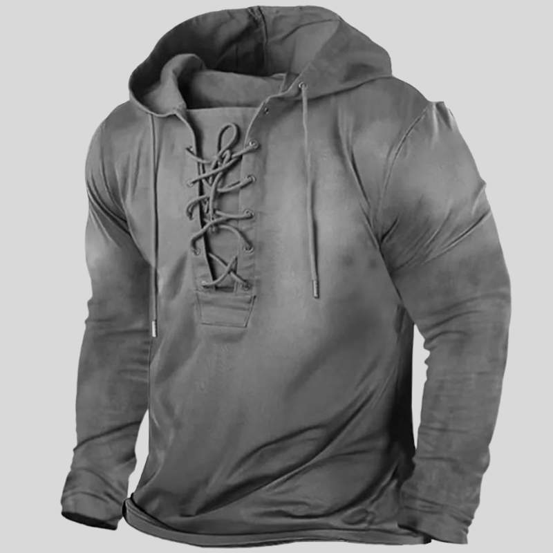 Men's Relaxed Fit Cotton Long-Sleeve Shirt with Lace-Up Neck and Button Pockets