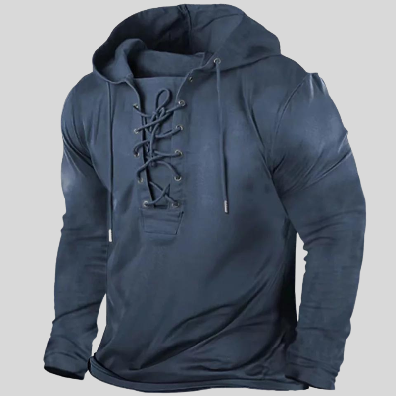 Men's Relaxed Fit Cotton Long-Sleeve Shirt with Lace-Up Neck and Button Pockets