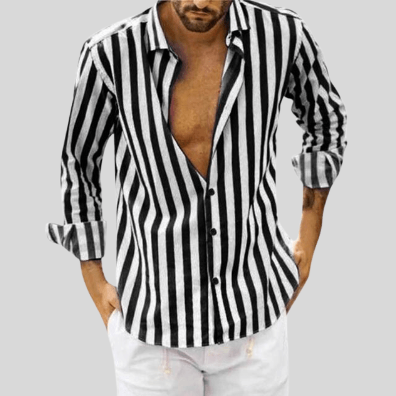 Men's Slim Fit Button-Up Shirt Vertical Stripe Long Sleeve Spread Collar
