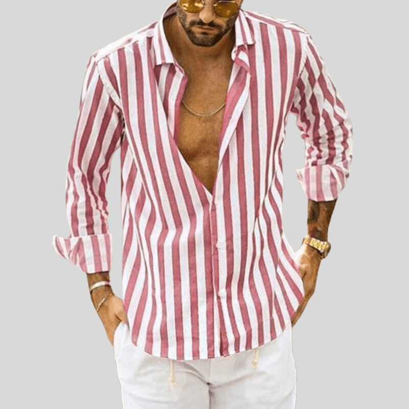 Men's Slim Fit Button-Up Shirt Vertical Stripe Long Sleeve Spread Collar