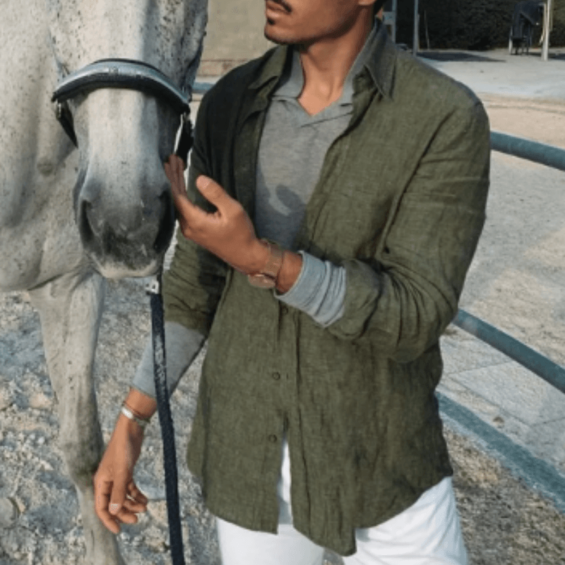 Men's Linen Long Sleeve Shirt - Relaxed Fit Stand Collar