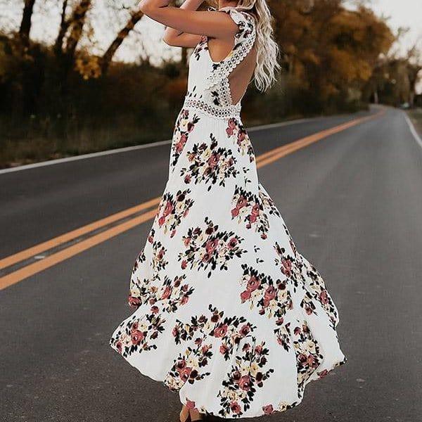 Women’s Maxi Dress - Sleeveless Flutter Sleeve - Lace Back - Tiered Flowy Skirt