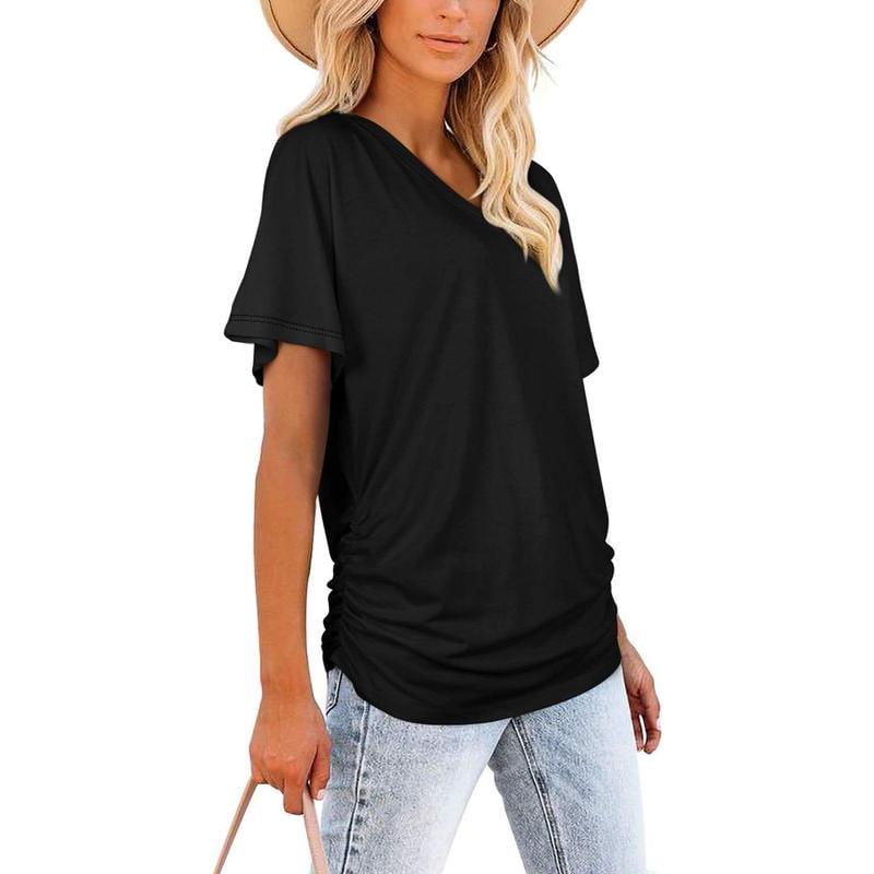 Women's V Neck Dolman Top with Short Sleeves and Side Shirring