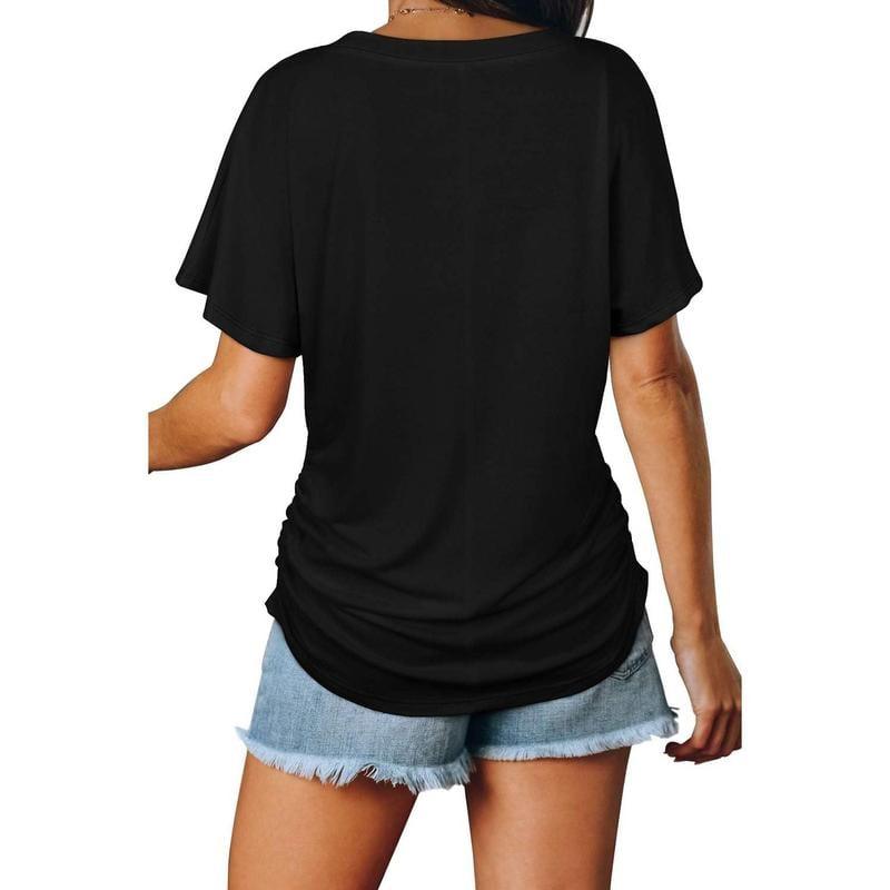 Women's V Neck Dolman Top with Short Sleeves and Side Shirring