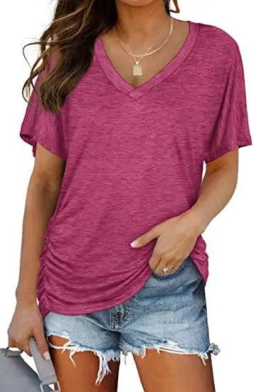 Women's V Neck Dolman Top with Short Sleeves and Side Shirring