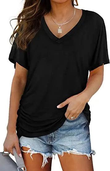 Women's V Neck Dolman Top with Short Sleeves and Side Shirring