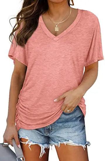 Women's V Neck Dolman Top with Short Sleeves and Side Shirring