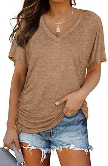 Women's V Neck Dolman Top with Short Sleeves and Side Shirring