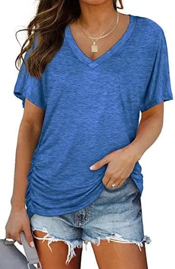 Women's V Neck Dolman Top with Short Sleeves and Side Shirring