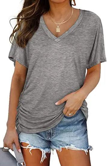 Women's V Neck Dolman Top with Short Sleeves and Side Shirring