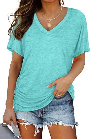 Women's V Neck Dolman Top with Short Sleeves and Side Shirring