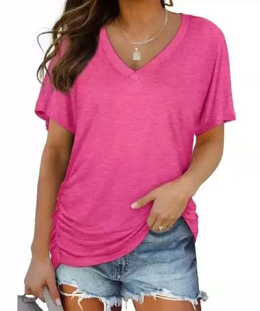 Women's V Neck Dolman Top with Short Sleeves and Side Shirring