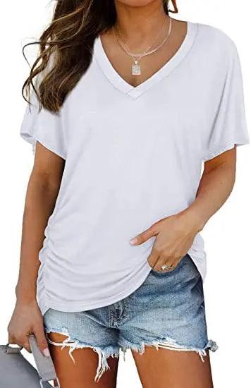 Women's V Neck Dolman Top with Short Sleeves and Side Shirring