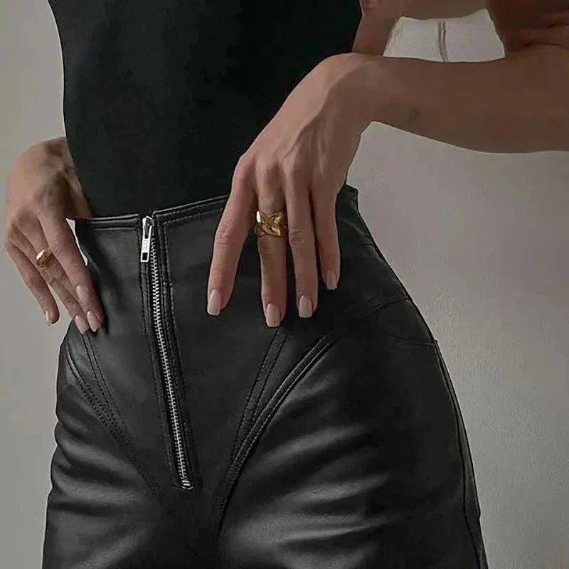 Women's High-Waisted Faux Leather Pants with Front Zip Detail