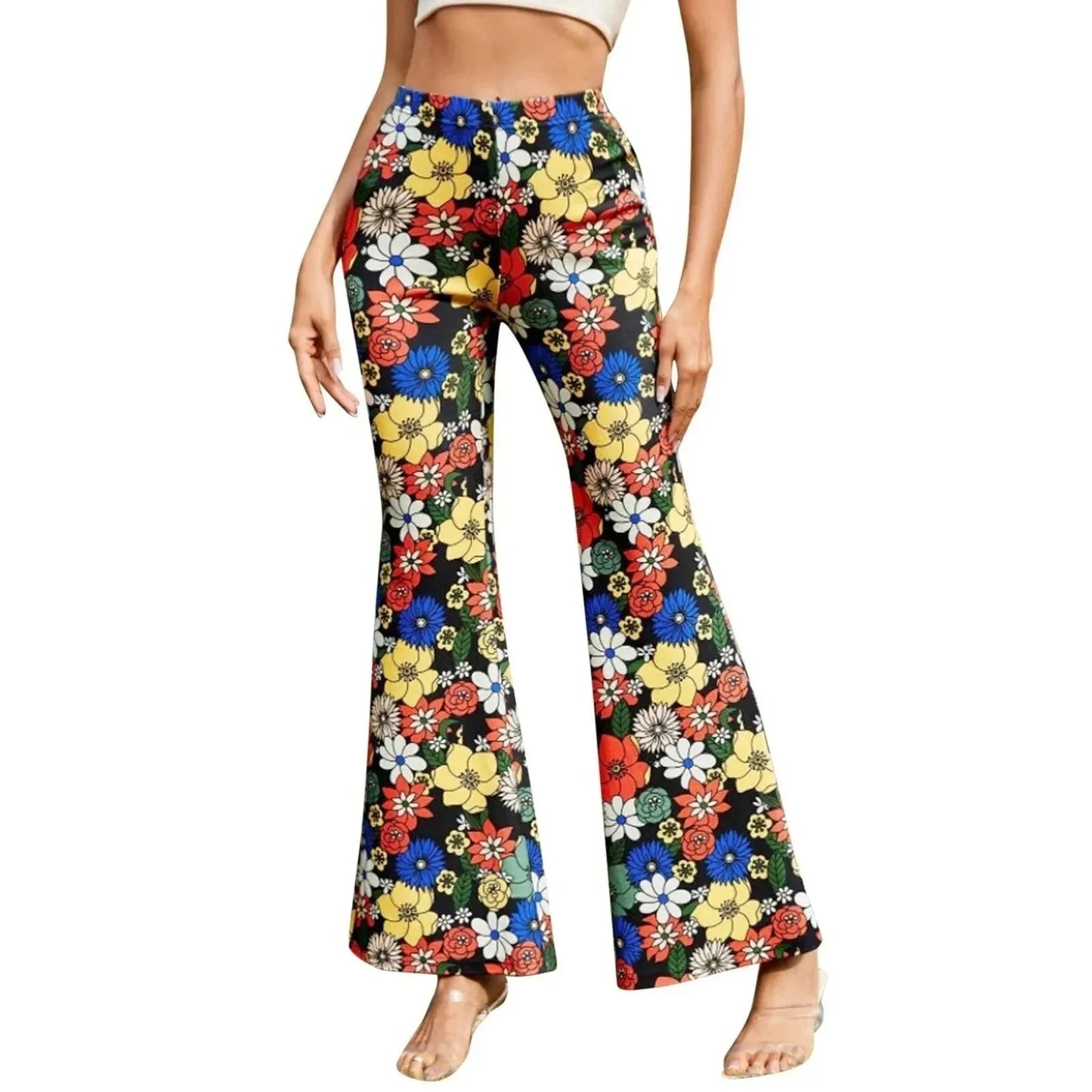 Women's Flared Trousers Stretchy Fabric Floral Print High Waist
